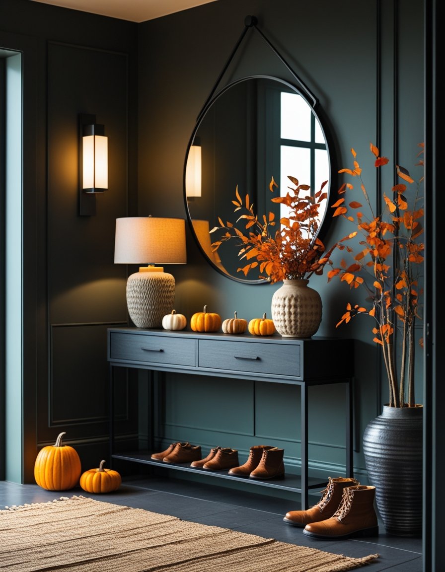 An entryway with a wooden console table decorated with autumn leaves, small pumpkins, and a vase with branches, a round mirror on the wall, and boots on the floor.