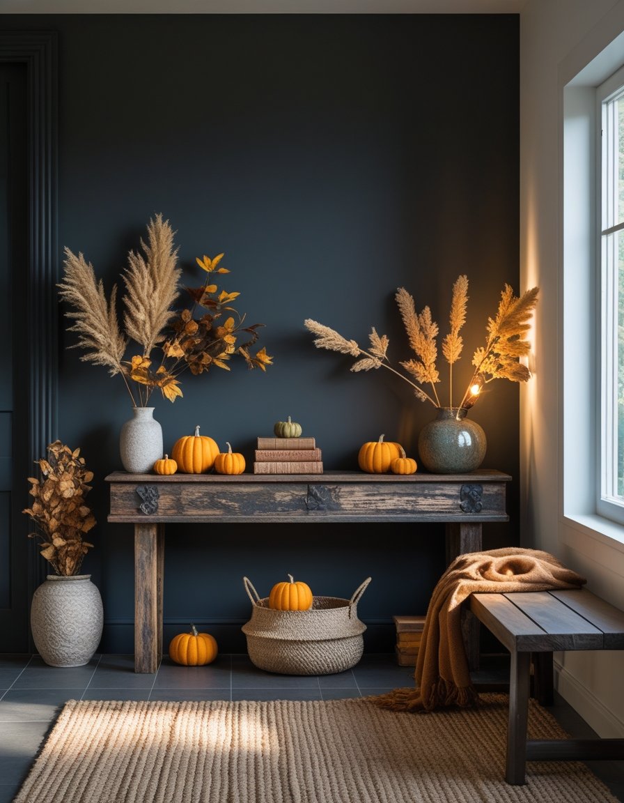 A dark entryway with a wooden console table decorated with pumpkins, dried leaves, a basket, a vase with branches, and a lit candle on a natural fiber rug.