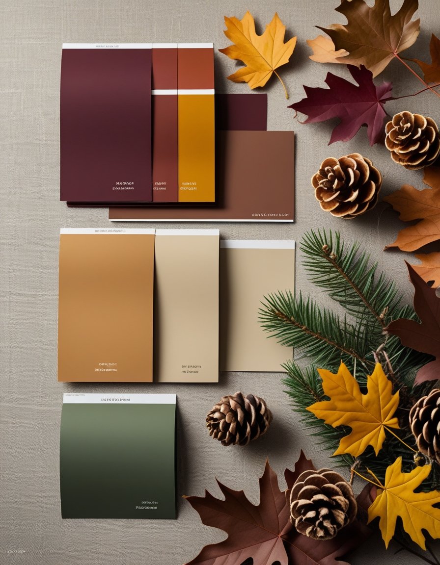 A flat lay of autumn leaves, fabric swatches, and paint samples in deep burgundy, burnt orange, mustard yellow, forest green, and warm taupe colors arranged on a neutral background.