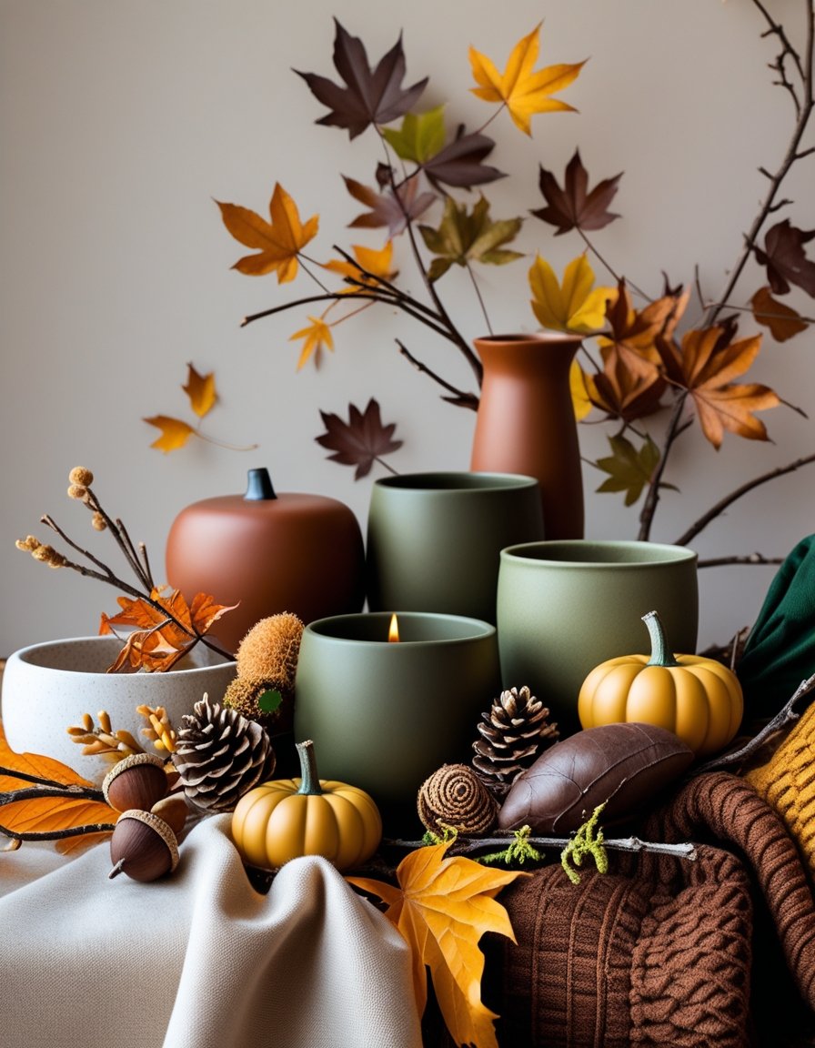 An arrangement of autumn leaves, ceramics, and textiles in deep orange, burgundy, mustard yellow, green, and brown colors.