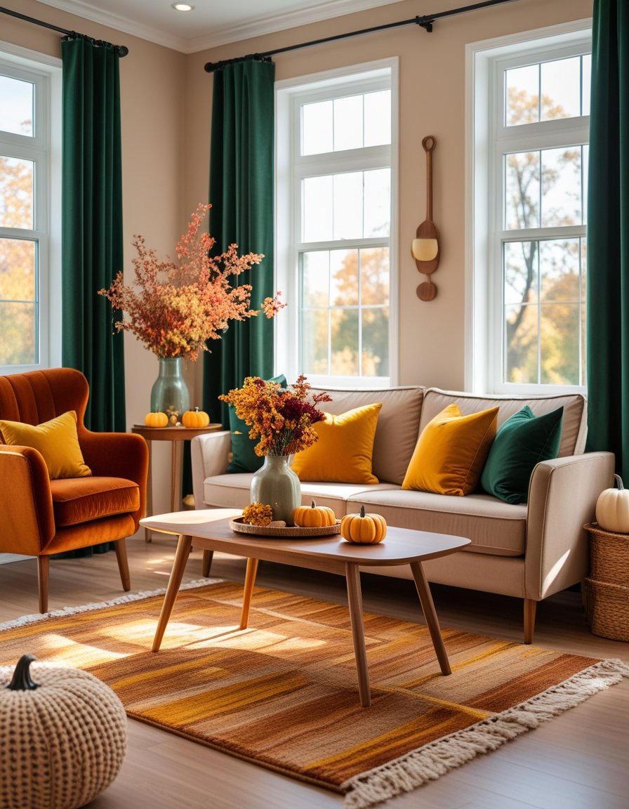 A living room with a burnt orange armchair, mustard yellow pillows, emerald green curtains, and autumn decorations on a wooden coffee table.