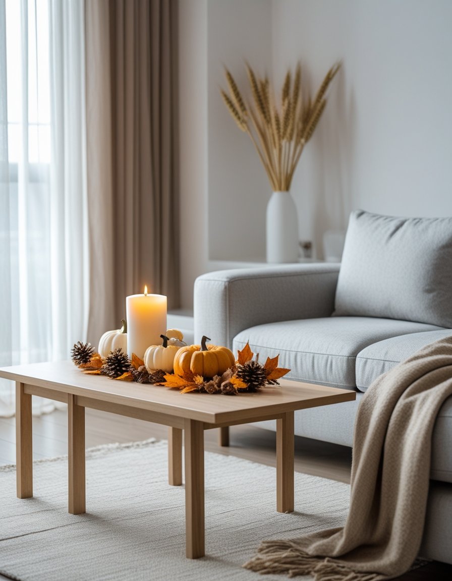 A minimal living room with fall decorations including small pumpkins, pinecones, dried leaves, a lit candle, and a beige throw on a gray sofa.