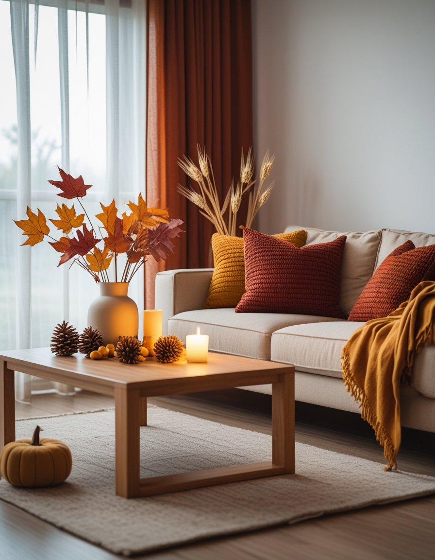 Minimal living room with warm autumn decorations including throw pillows, fall leaves, and a lit candle on a coffee table.