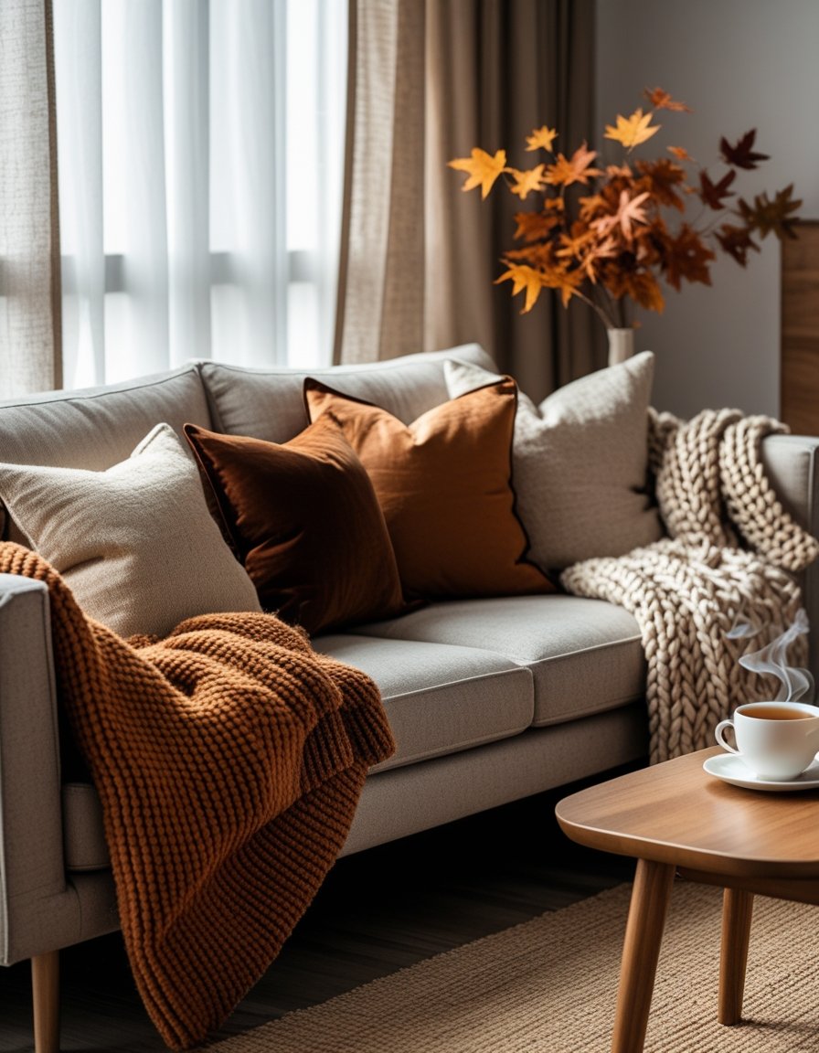 A minimal living room with a sofa layered with warm, textured blankets and cushions, a wooden coffee table with a cup and fall leaves, softly lit by natural light.