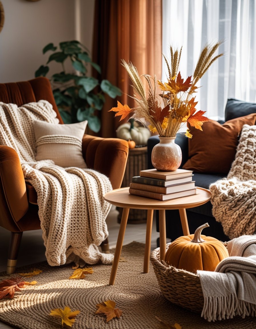 A warm living room with knitted blankets, velvet armchair, wooden coffee table with autumn decorations, woven rug, and soft natural light.