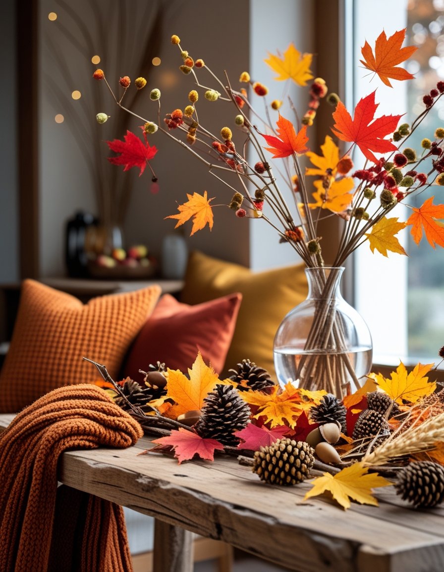 A cozy indoor scene with autumn leaves, pinecones, acorns, dried wheat, and knitted blankets arranged on a wooden table near a window.
