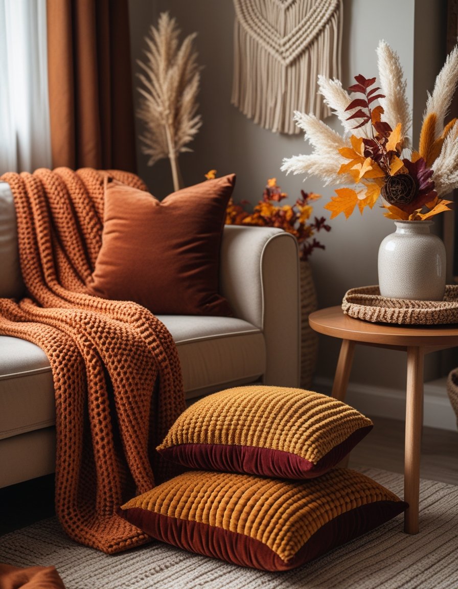 A cozy living room corner with a beige sofa, warm-colored knitted throw, textured cushions, a wooden coffee table, and autumn decorations including dried grasses and leaves.