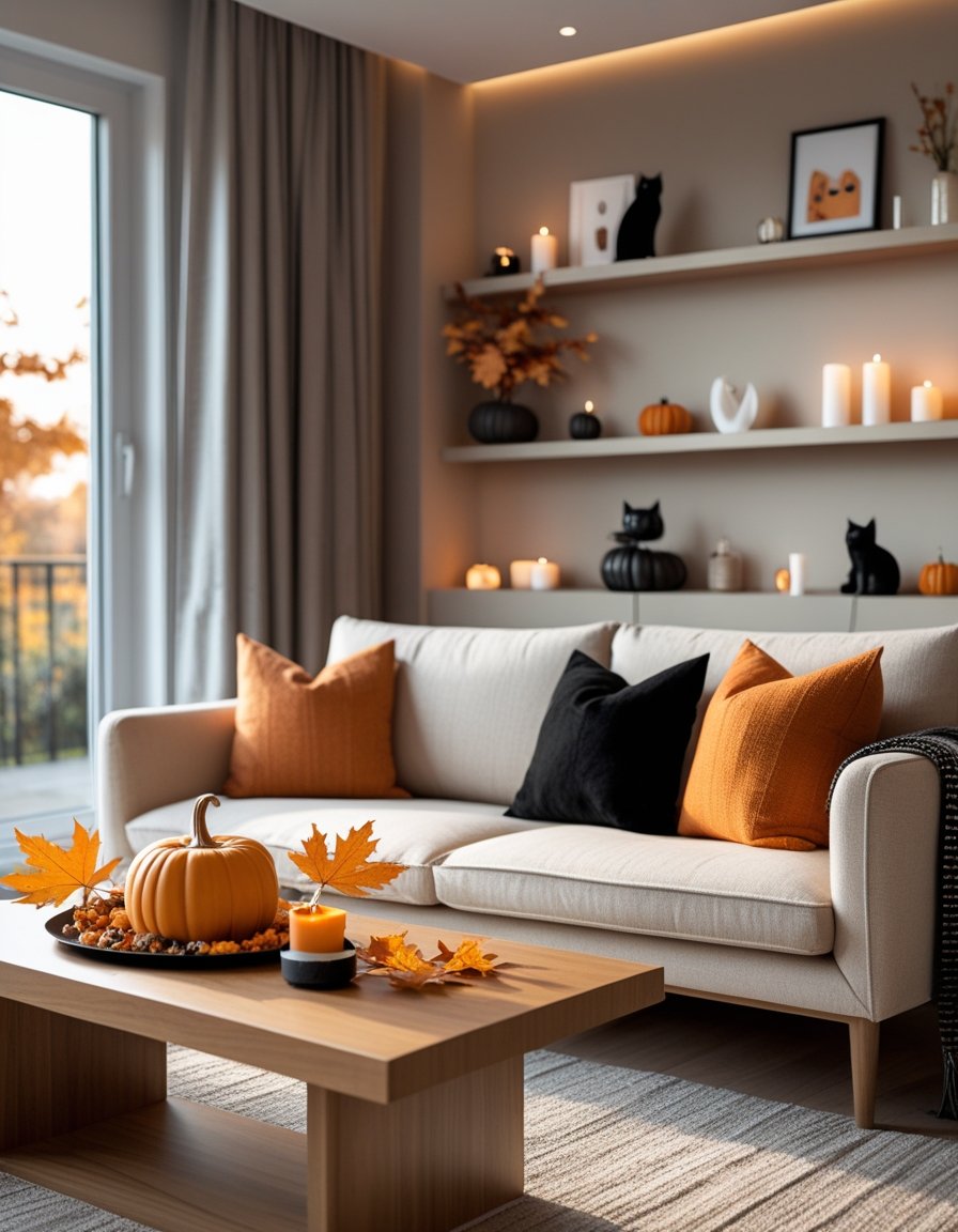 A living room with a beige sofa, a wooden coffee table with pumpkins and autumn leaves, and shelves displaying a mix of everyday items and Halloween decorations.