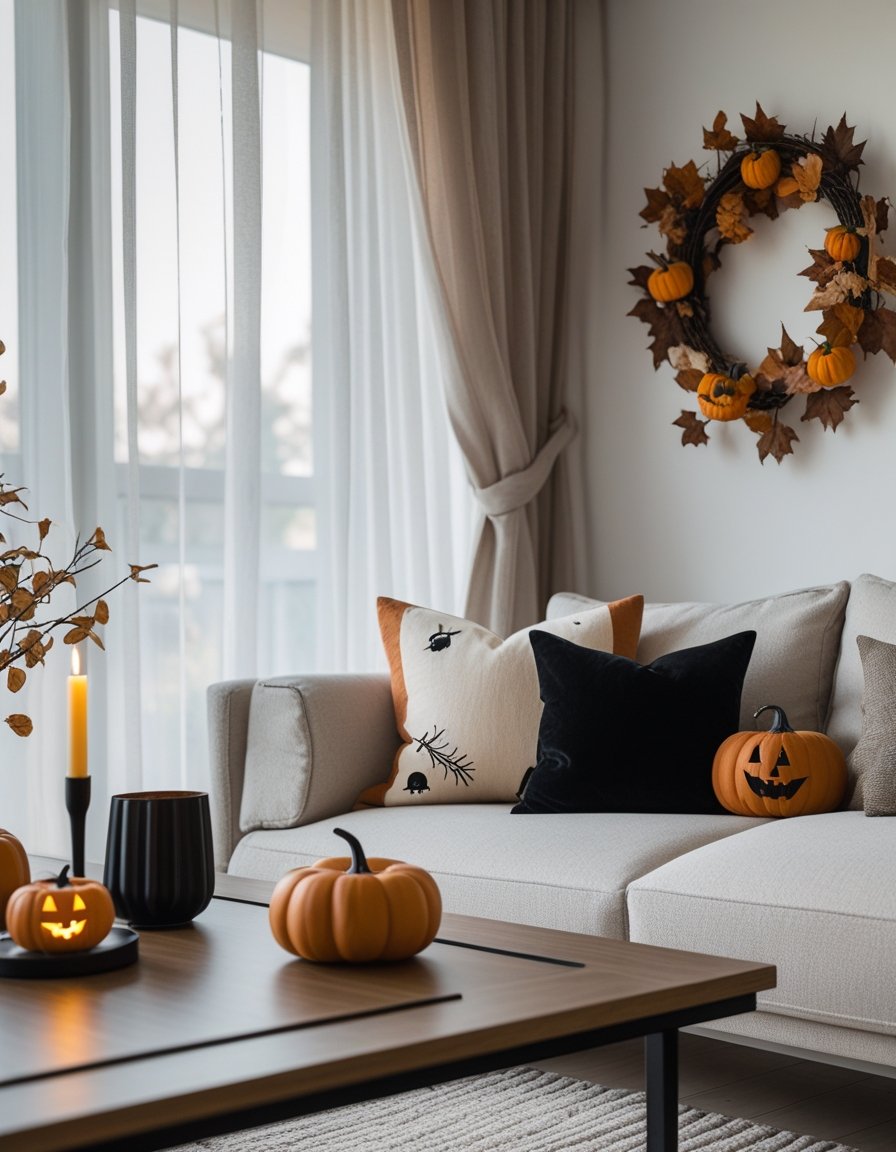 A living room with a sofa, coffee table, small pumpkins, candle holder, and an autumn wreath on the wall.