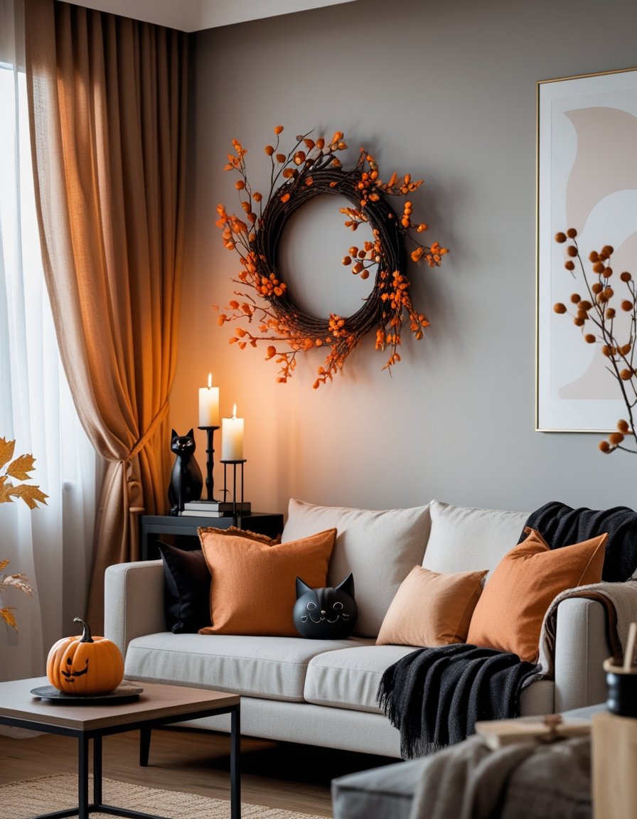 A living room with subtle Halloween decorations including a small pumpkin, black candle holder, and autumnal accents on a sofa and coffee table.