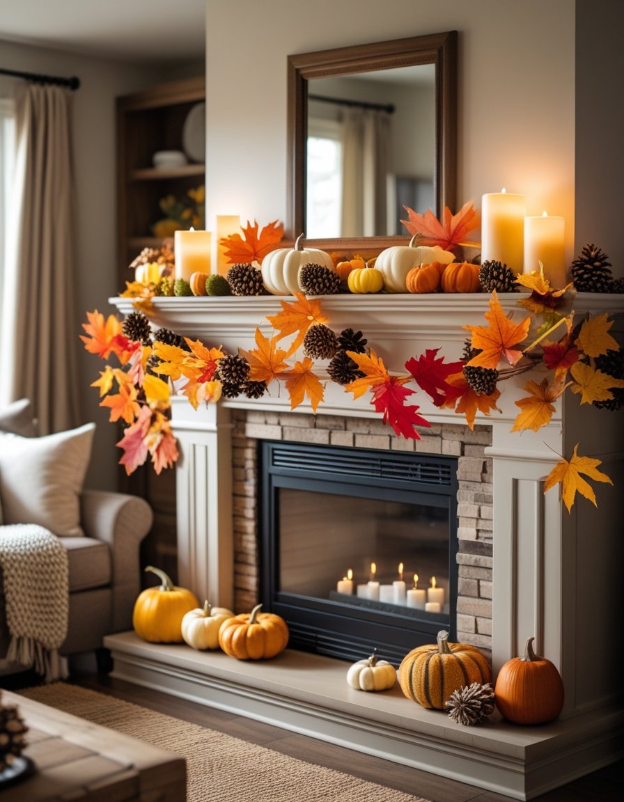 A living room mantel decorated with autumn leaves, pumpkins, pinecones, and candles.
