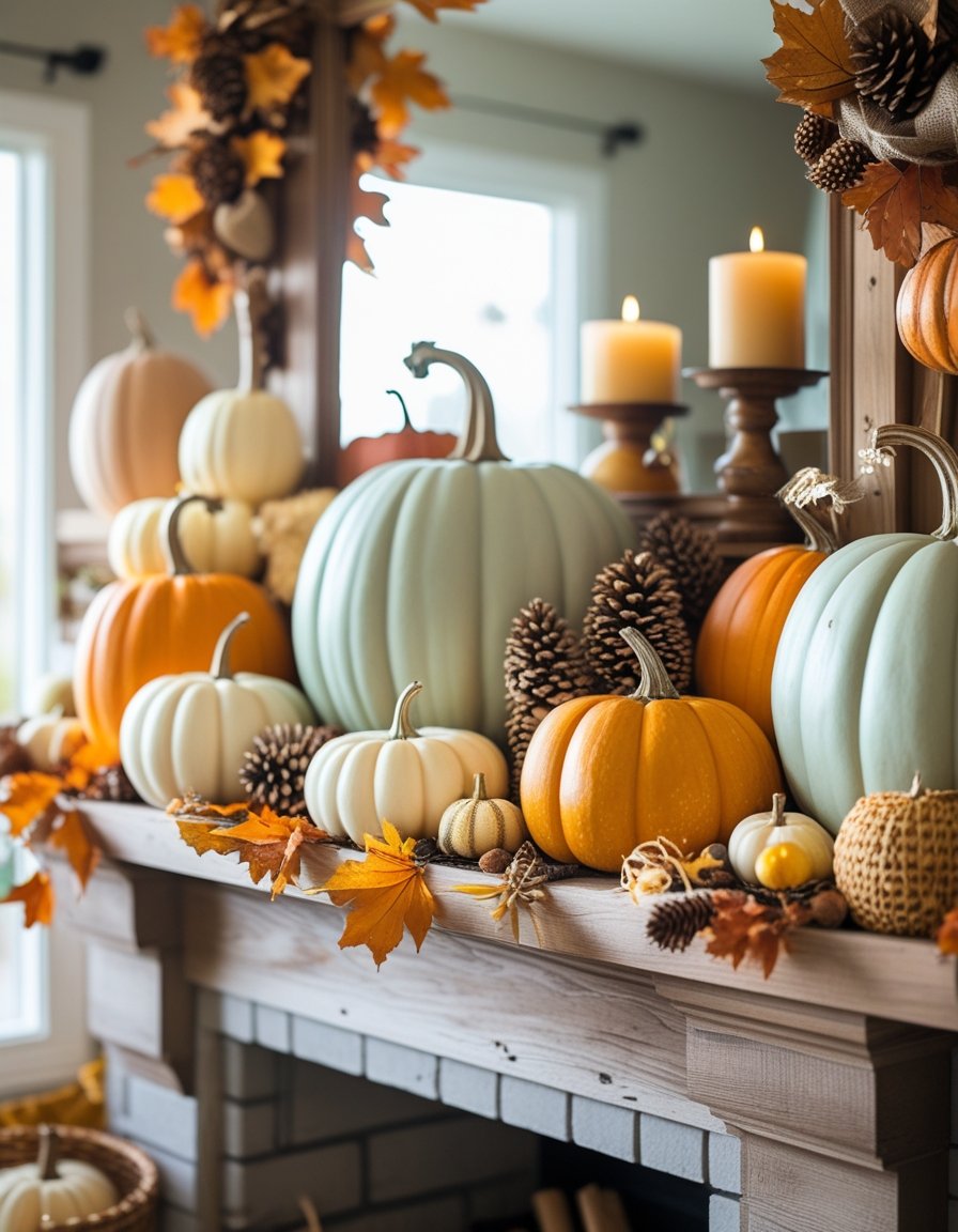 A mantel decorated with various pumpkins, dried leaves, pinecones, and candles, creating a cozy autumn scene.
