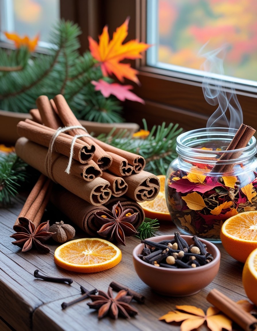 A cozy kitchen table with cinnamon sticks, dried orange slices, pine sprigs, and a steaming cup of tea, with autumn leaves visible outside the window.