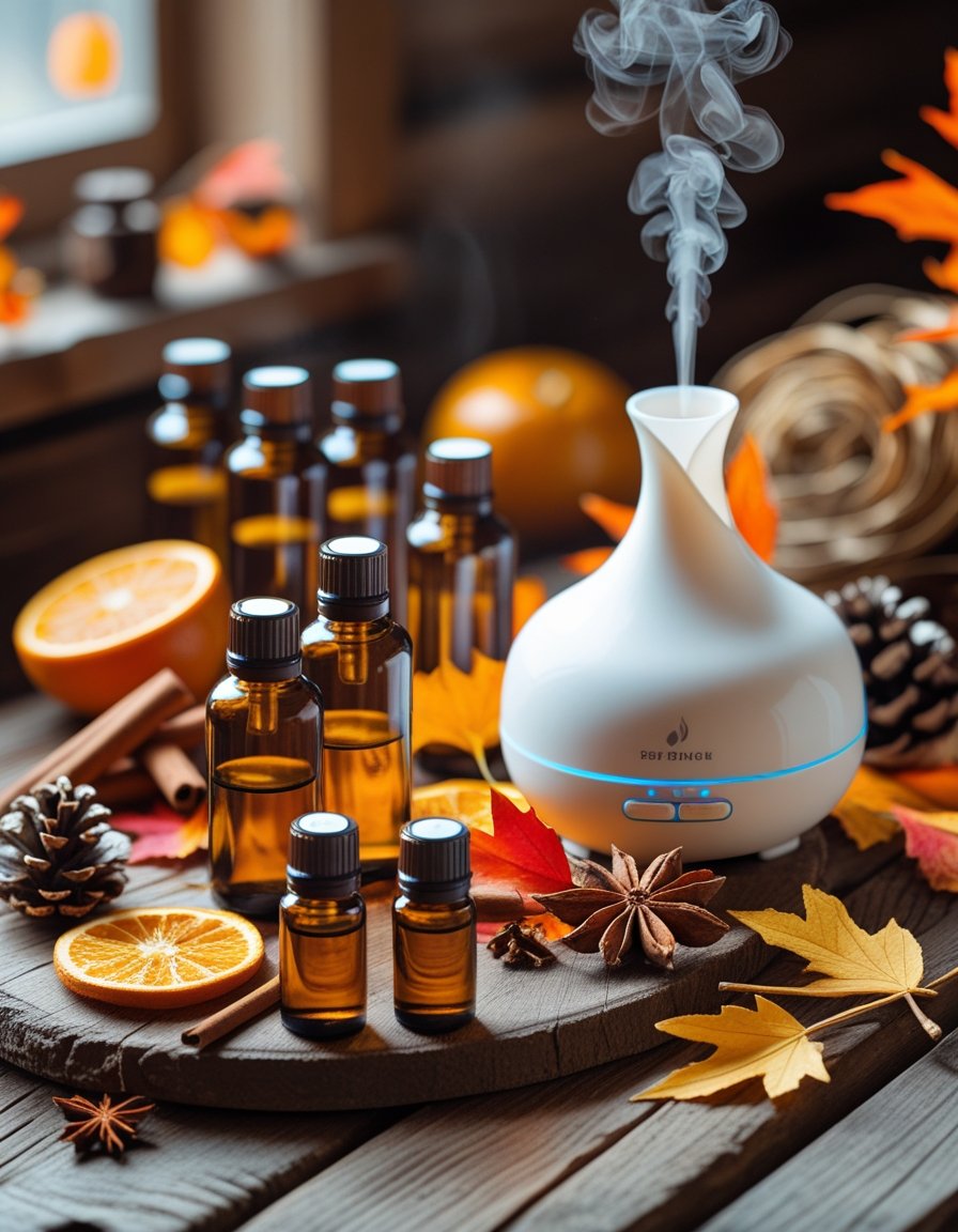 A cozy fall scene with essential oil bottles, ceramic diffusers emitting mist, and autumn decorations like dried orange slices, cinnamon sticks, pine cones, and colorful leaves on a wooden table.