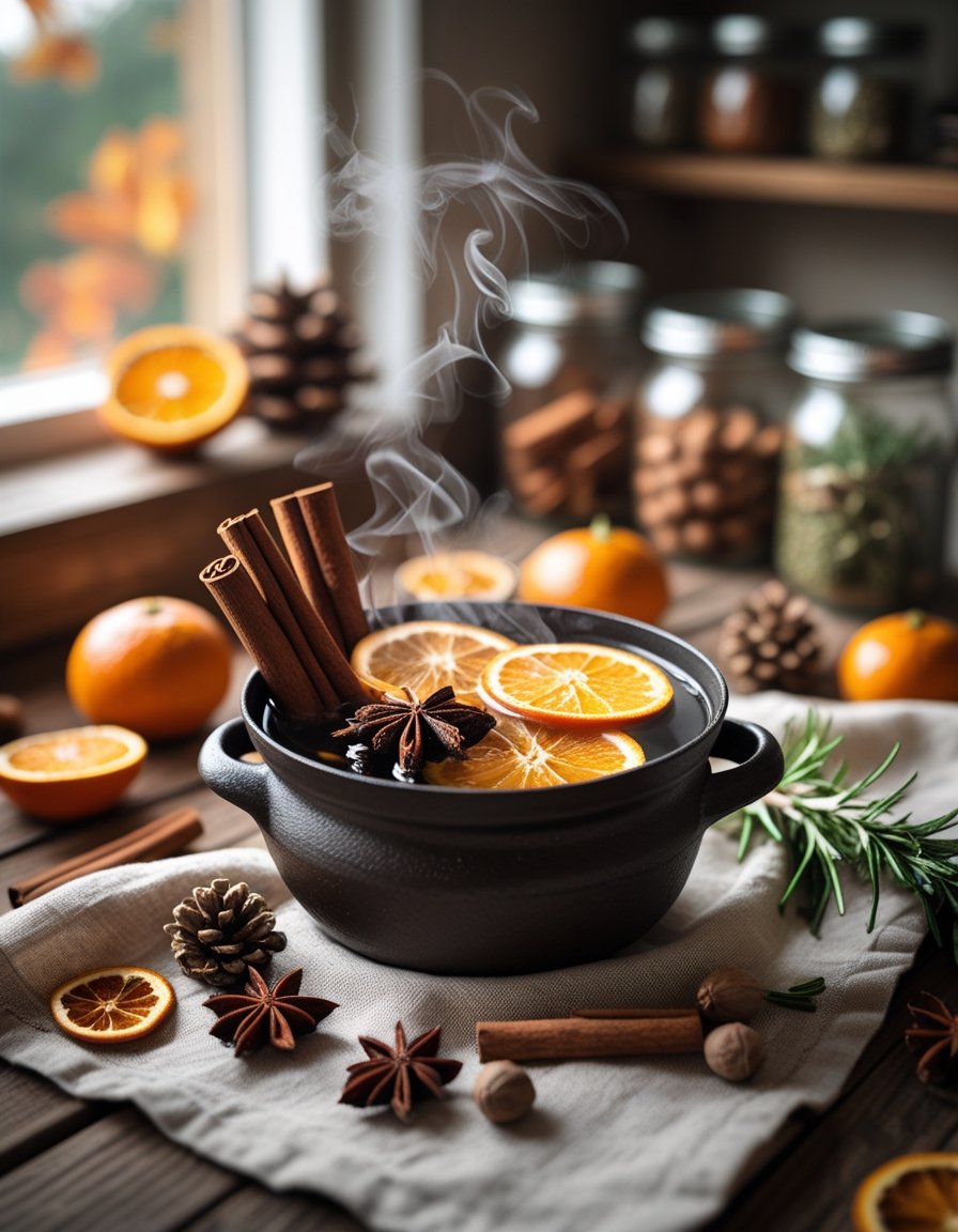 A simmer pot on a wooden table filled with cinnamon sticks, orange slices, and herbs surrounded by dried potpourri ingredients in a warm kitchen setting.