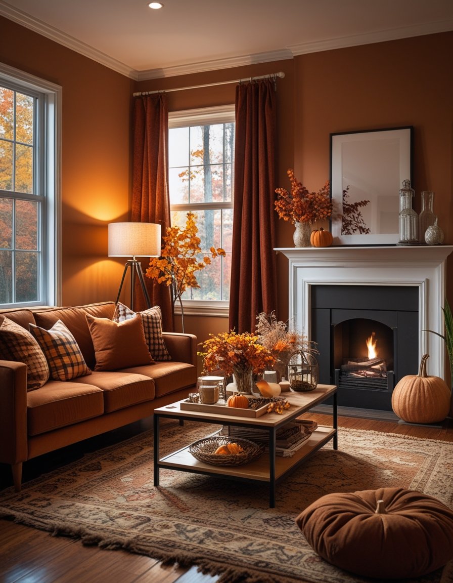 A living room with fall decorations showing mismatched pillows, cluttered coffee table, harsh lighting, unlit fireplace, heavy curtains blocking light, and a small worn rug.