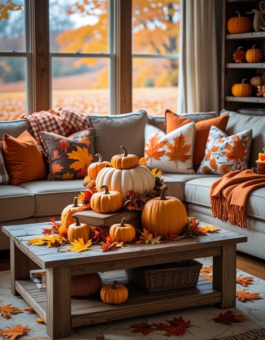 A living room with fall decorations that look cluttered and mismatched, including bright blankets, many patterned pillows, and a chaotic pumpkin display, with a window showing autumn leaves outside.