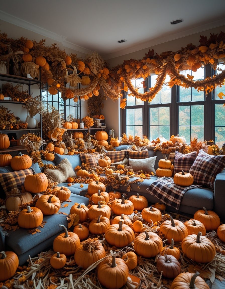 A living room filled with an excessive amount of fall decorations including many pumpkins, dried leaves, plaid blankets, and dense garlands, creating a cluttered and overwhelming atmosphere.