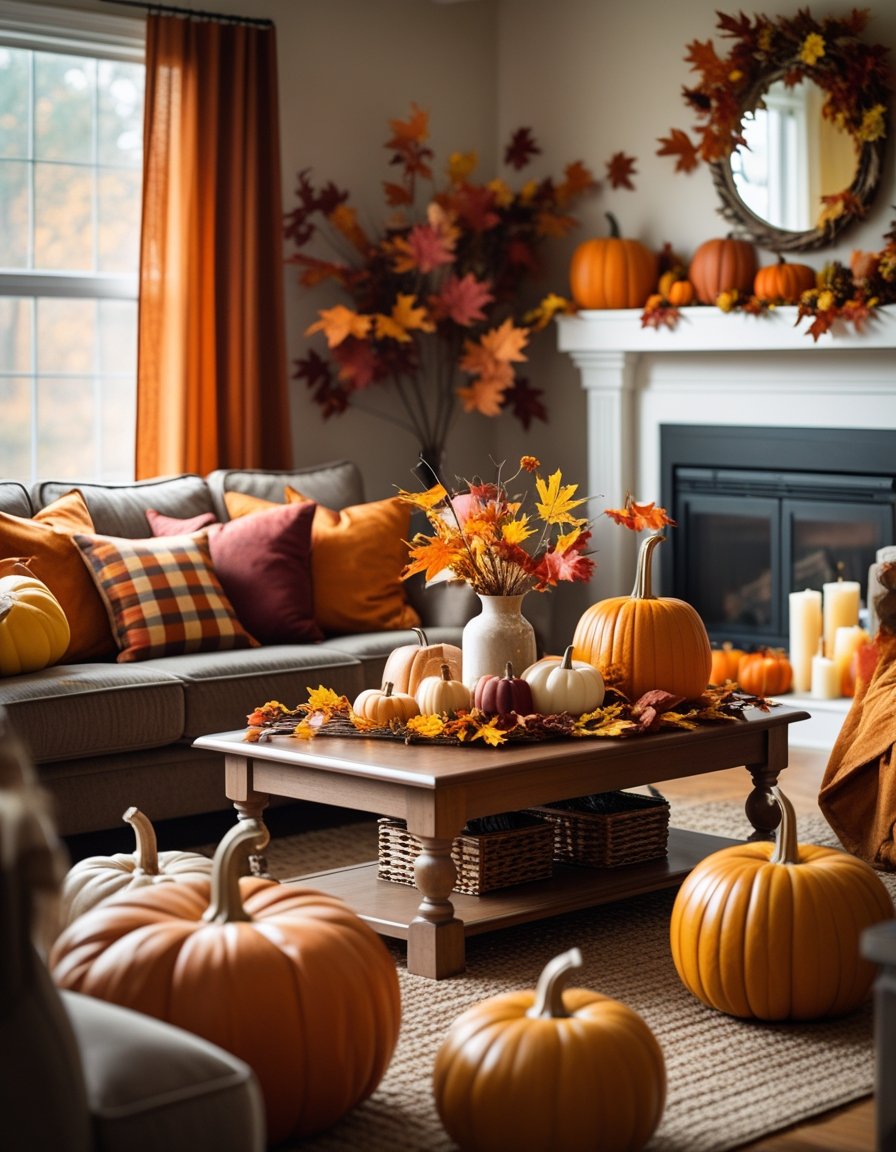 A living room decorated for fall with mismatched and clashing autumn colors on pillows and decorations, creating a visually busy and less cozy atmosphere.