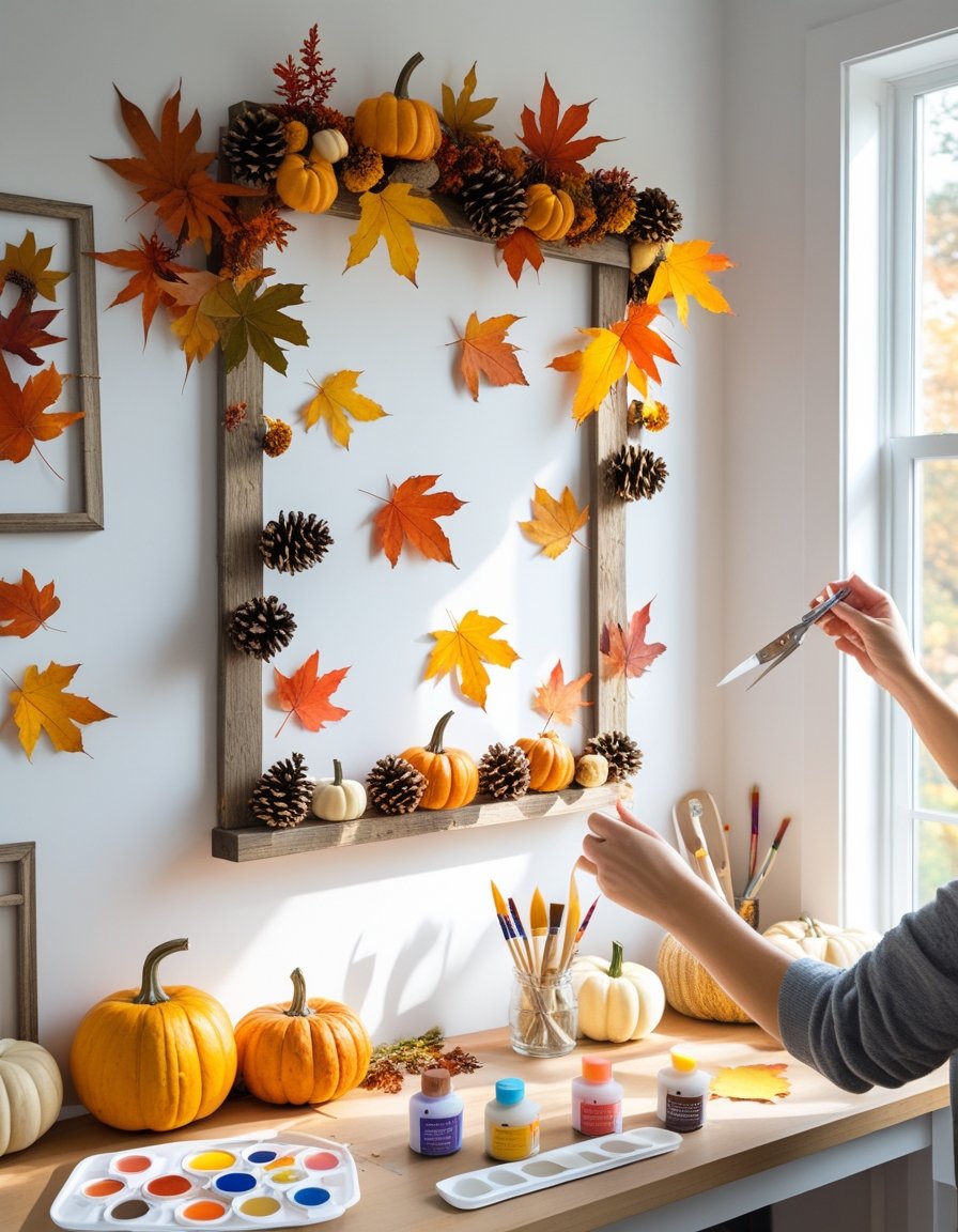 Hands decorating a blank wall with autumn leaves, pumpkins, and fall-themed decorations in a bright room.