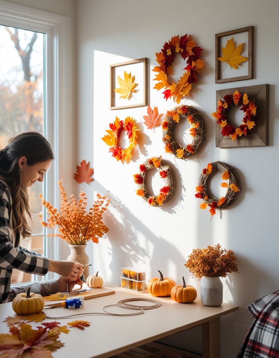 Person arranging autumn-themed decorations on a blank wall in a cozy living room with fall leaves, pumpkins, and crafting supplies nearby.