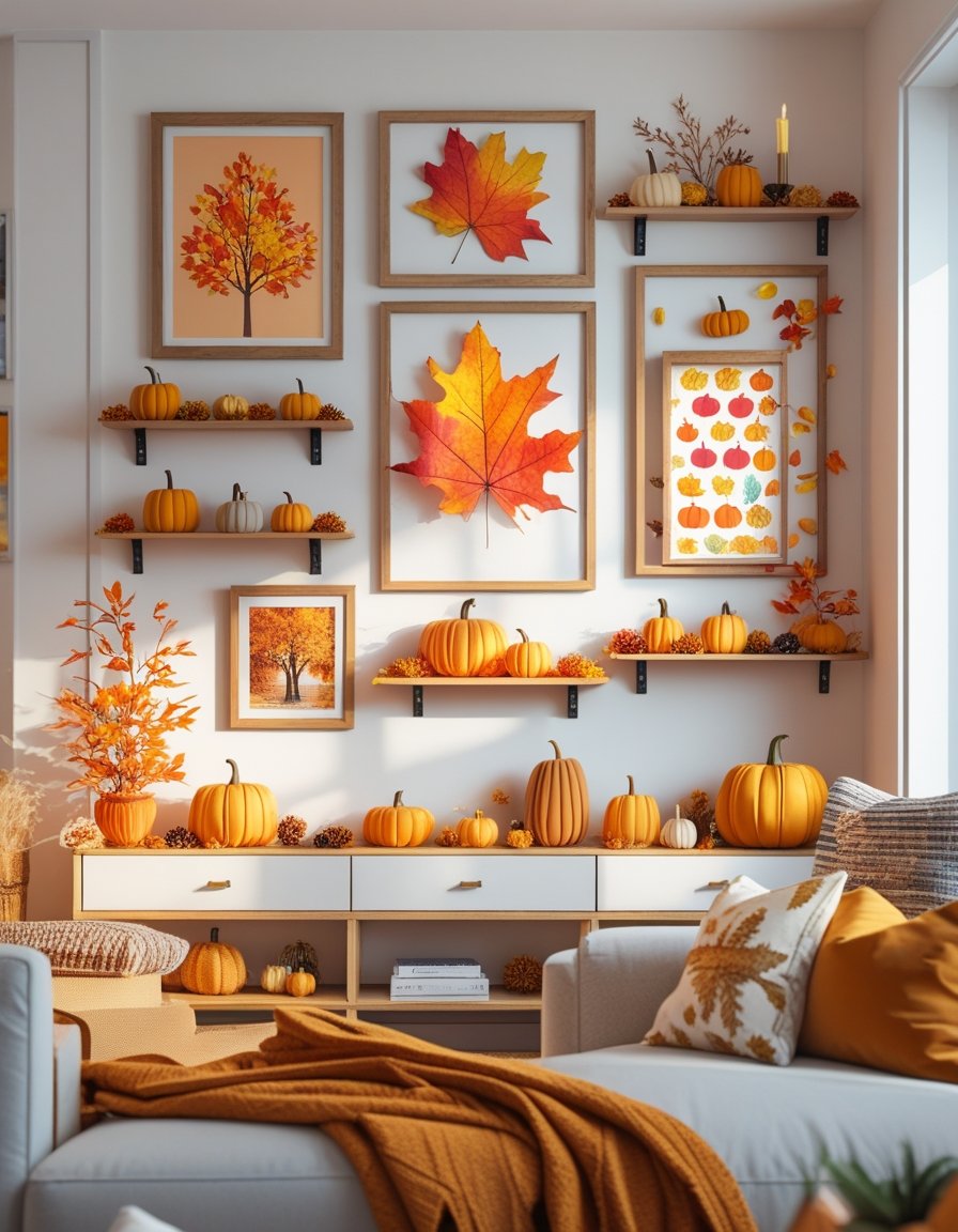 A living room with a blank wall decorated with framed autumn artwork and fall-themed decor, creating a warm and cozy seasonal display.