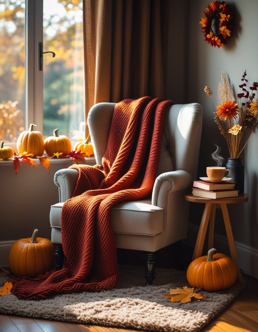 A cozy reading nook with an armchair, throw blanket, side table with tea and books, autumn decorations, and warm natural light.