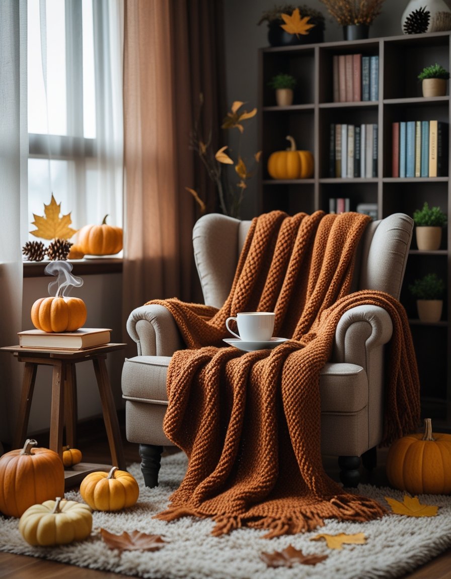 A cozy reading nook with a comfortable armchair, a side table with tea and books, autumn decorations, and soft natural light coming through a window.