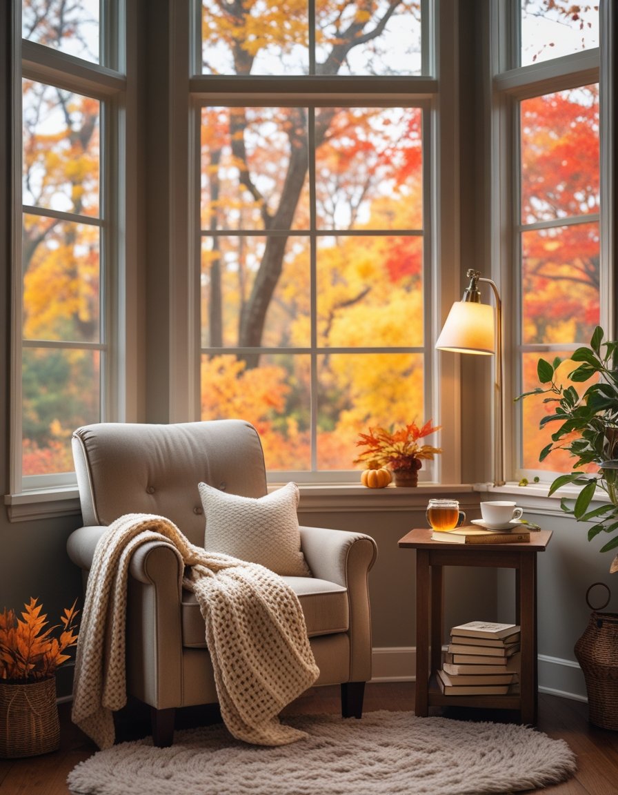 A cozy reading nook with an armchair, a side table with tea and books, surrounded by autumn leaves visible through large windows.