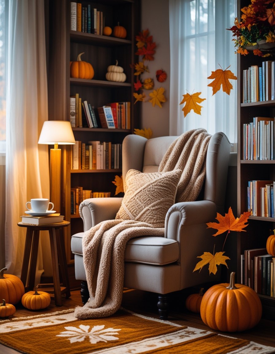 A cozy reading nook with a comfortable armchair, bookshelves, a side table with tea, autumn decorations, and soft natural light.
