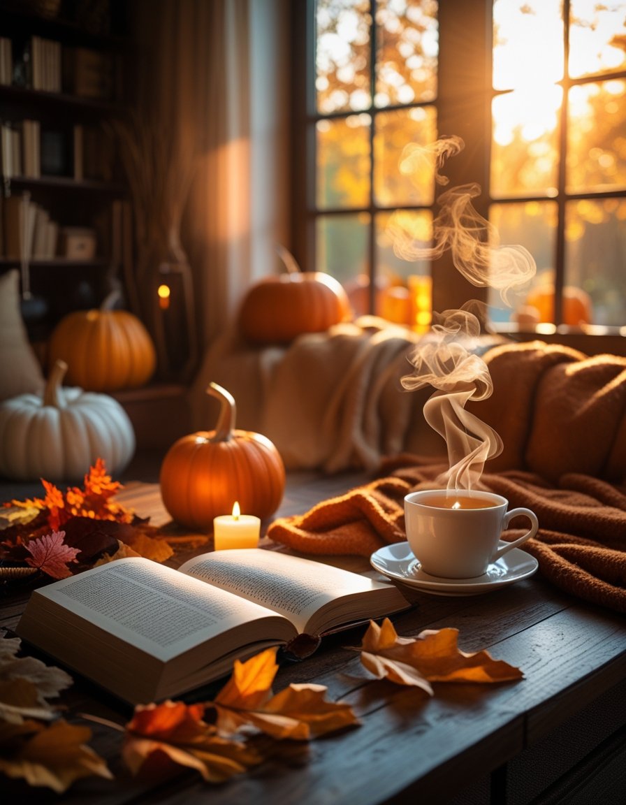 A cozy living room with warm sunlight, autumn decorations, a steaming cup of tea, and flickering candles creating a comfortable fall atmosphere.