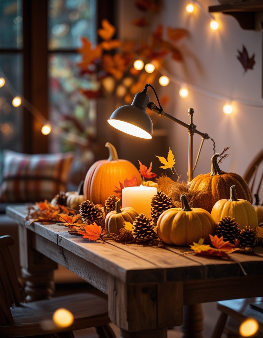 A cozy table decorated with pumpkins, fall leaves, pinecones, and candles softly illuminated by warm accent and task lighting.