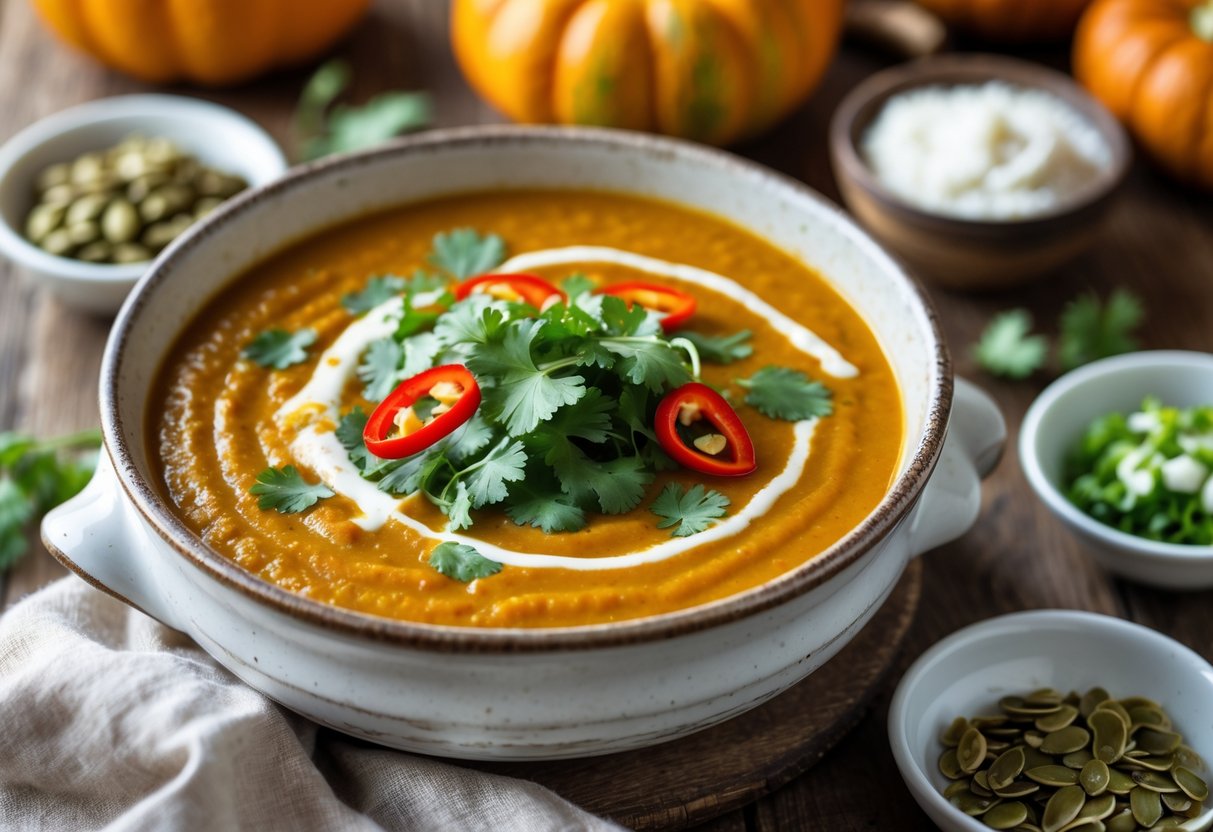 A bowl of spicy pumpkin coconut soup garnished with fresh herbs and sliced red chili peppers, surrounded by small bowls of toppings on a wooden table.