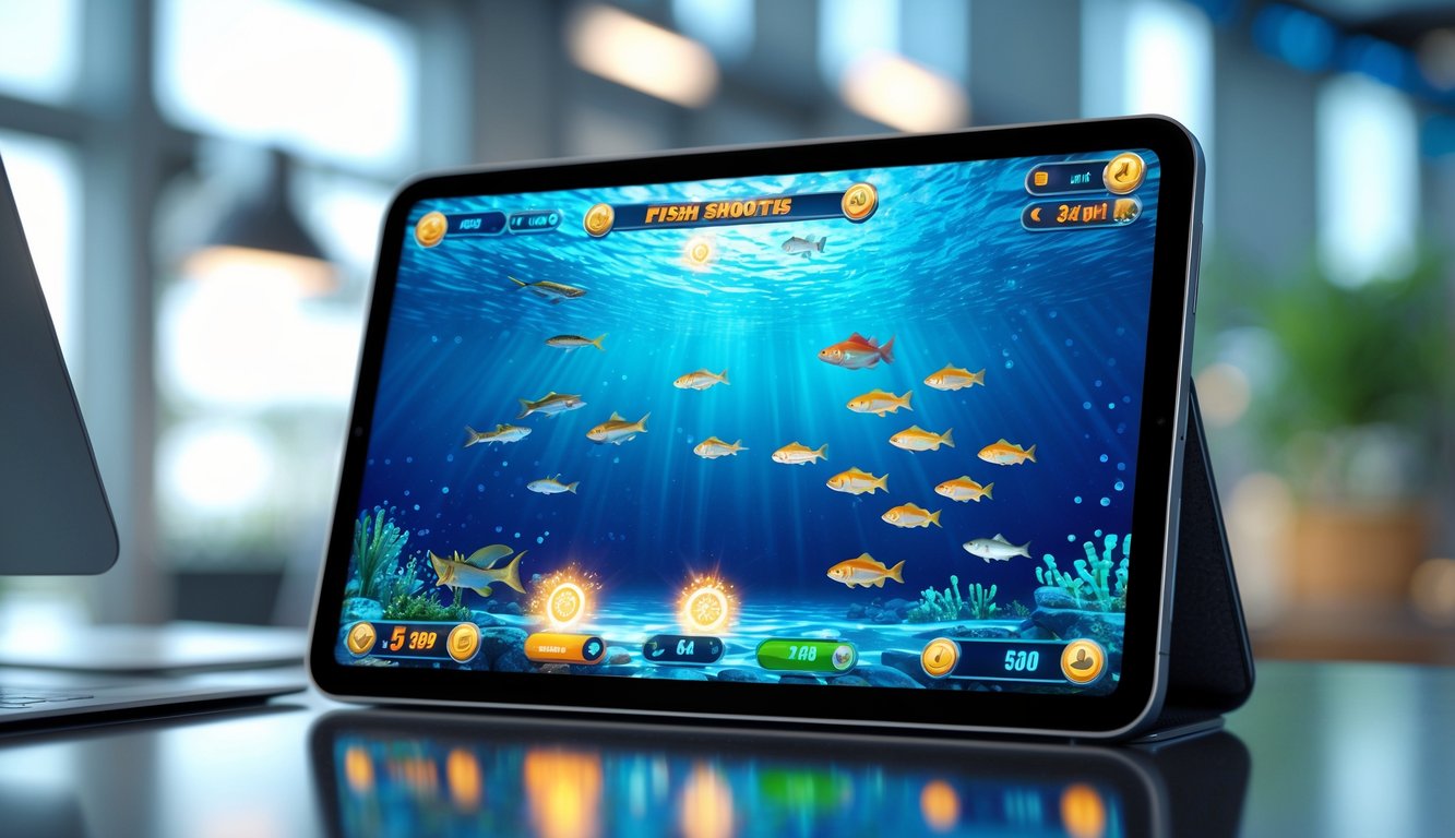 Tampilan layar perangkat menunjukkan permainan tembak ikan dengan grafis bawah laut yang berwarna-warni dan berbagai ikan berenang di latar belakang biru.