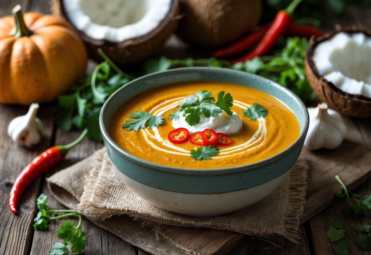 A bowl of spicy pumpkin coconut soup garnished with cilantro and chili, surrounded by fresh pumpkins, coconut, and chili peppers on a wooden table.