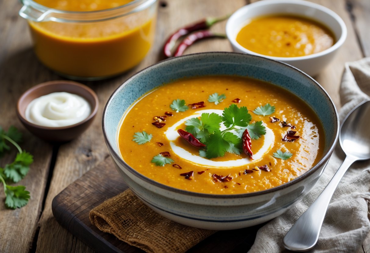 A bowl of spicy pumpkin coconut soup garnished with herbs on a wooden table, with a container of soup and serving utensils nearby.
