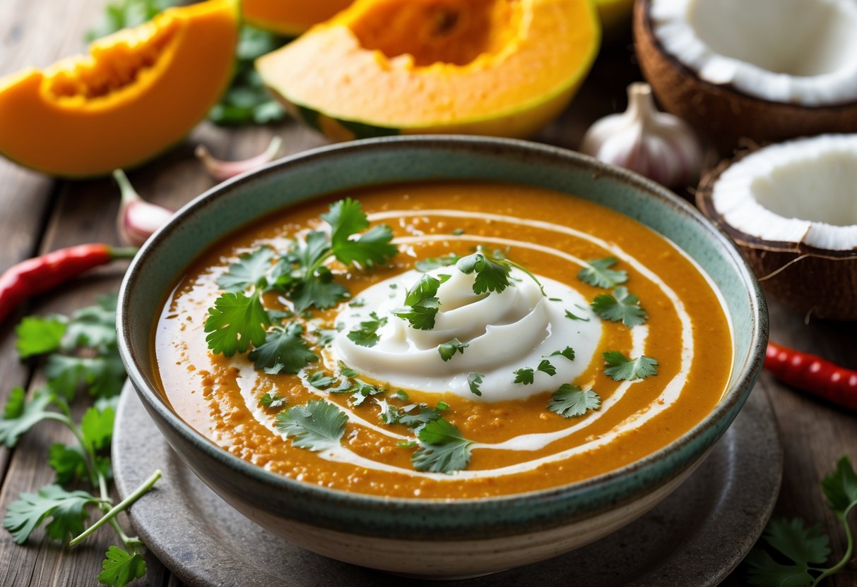 A bowl of spicy pumpkin coconut soup garnished with herbs and coconut cream, surrounded by fresh ingredients on a wooden table.