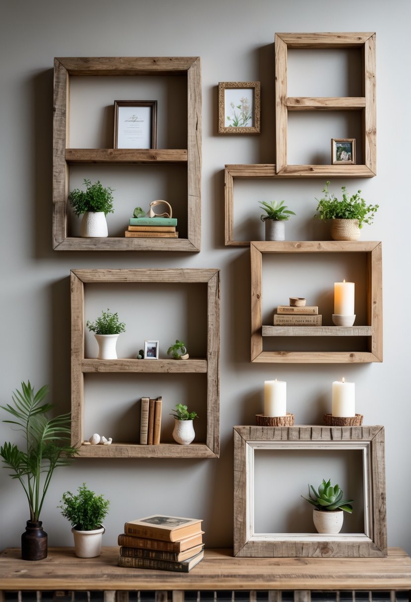A collection of rustic wooden photo frame shelves displaying small plants, books, and decorative items on a softly lit wall and tabletop.