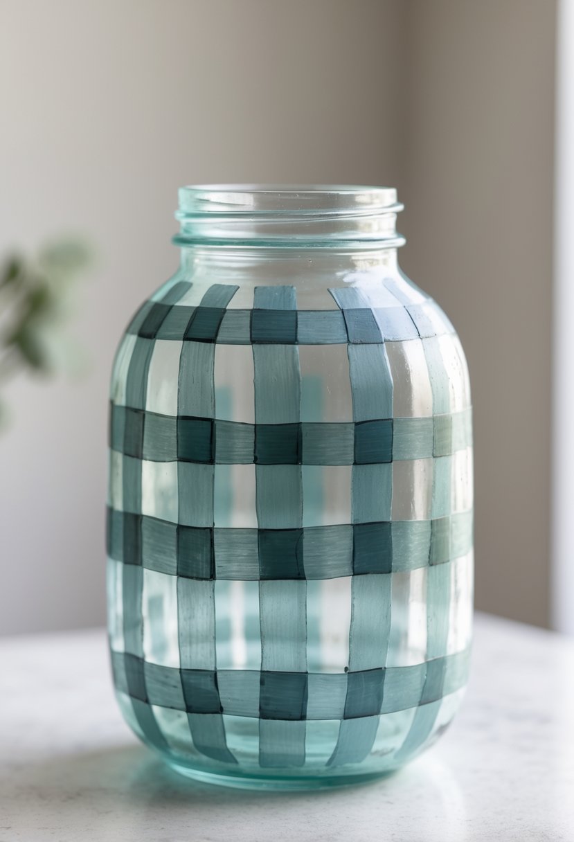 A hand-painted glass vase with a checkered pattern sitting on a neutral surface with a blurred background.