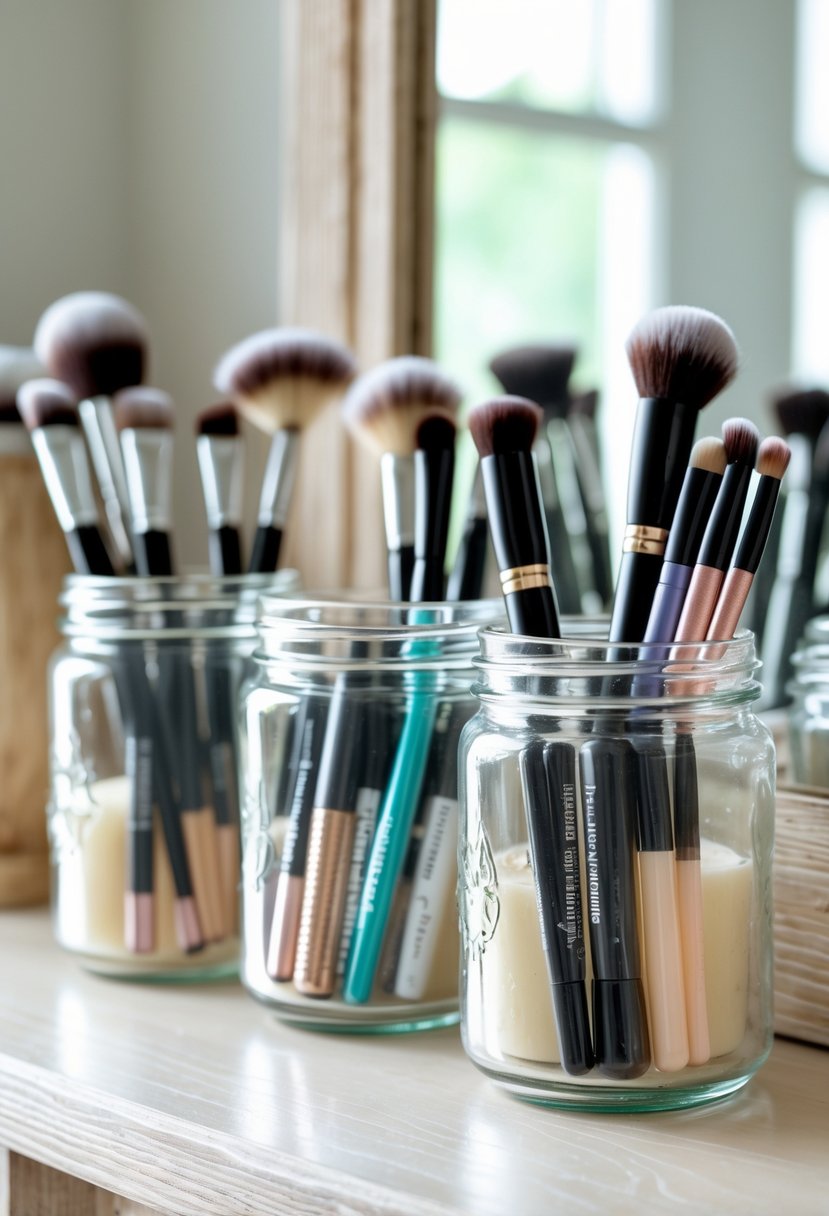 Cleaned candle jars used to store eyeliners and small makeup brushes on a vanity.