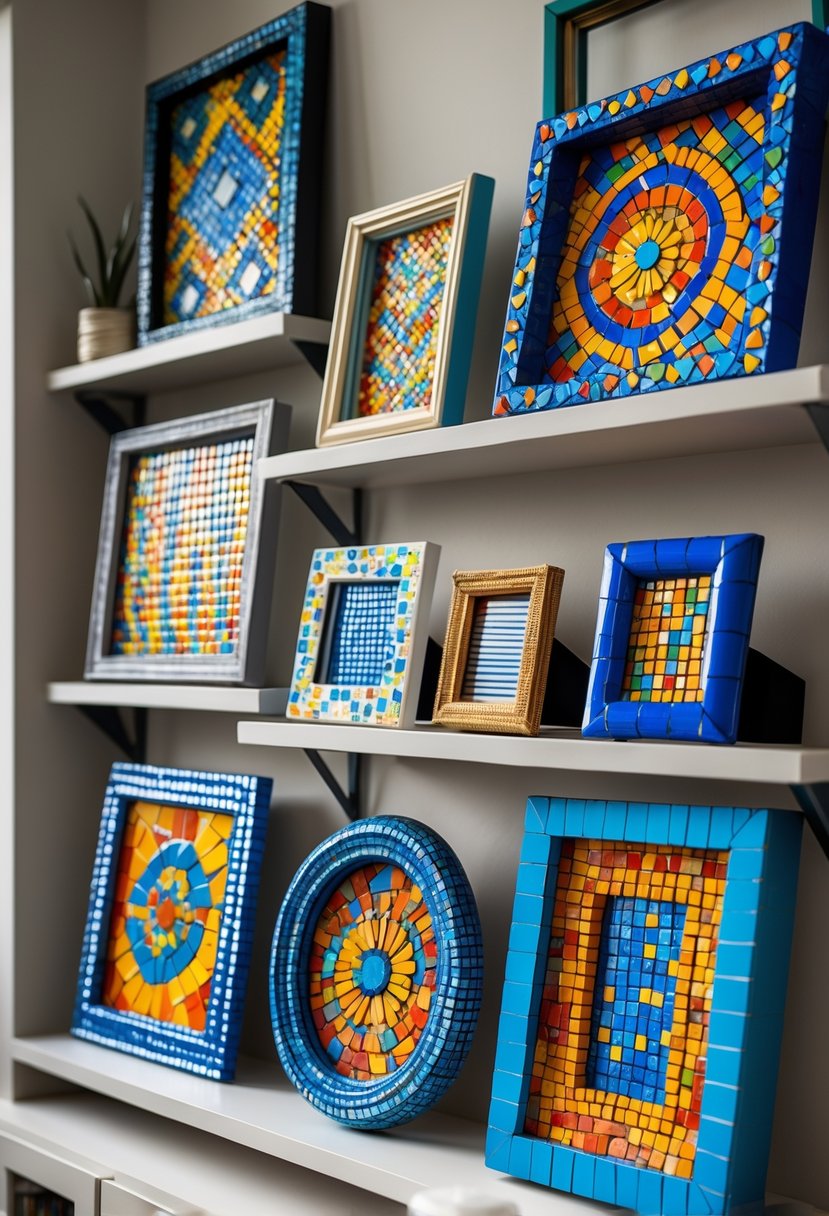 A collection of colorful mosaic tile picture frames displayed on a wall and shelves.