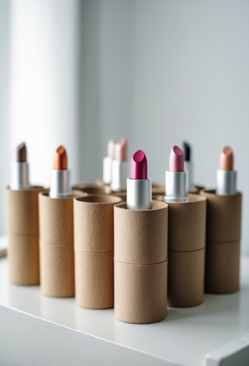 Cardboard tubes cut into small segments holding lipsticks upright on a white surface.