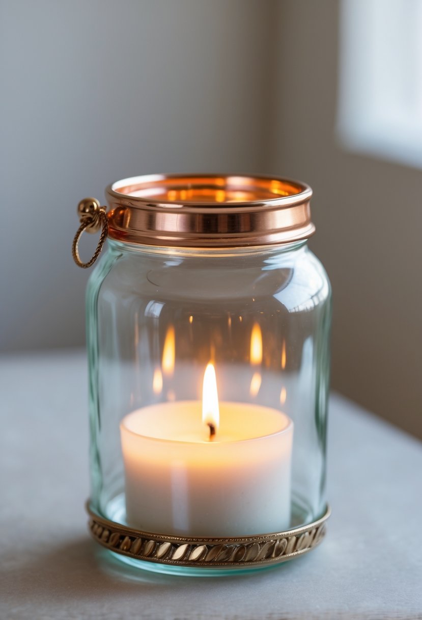 A glass jar candle holder with metallic accents glowing softly on a neutral background.