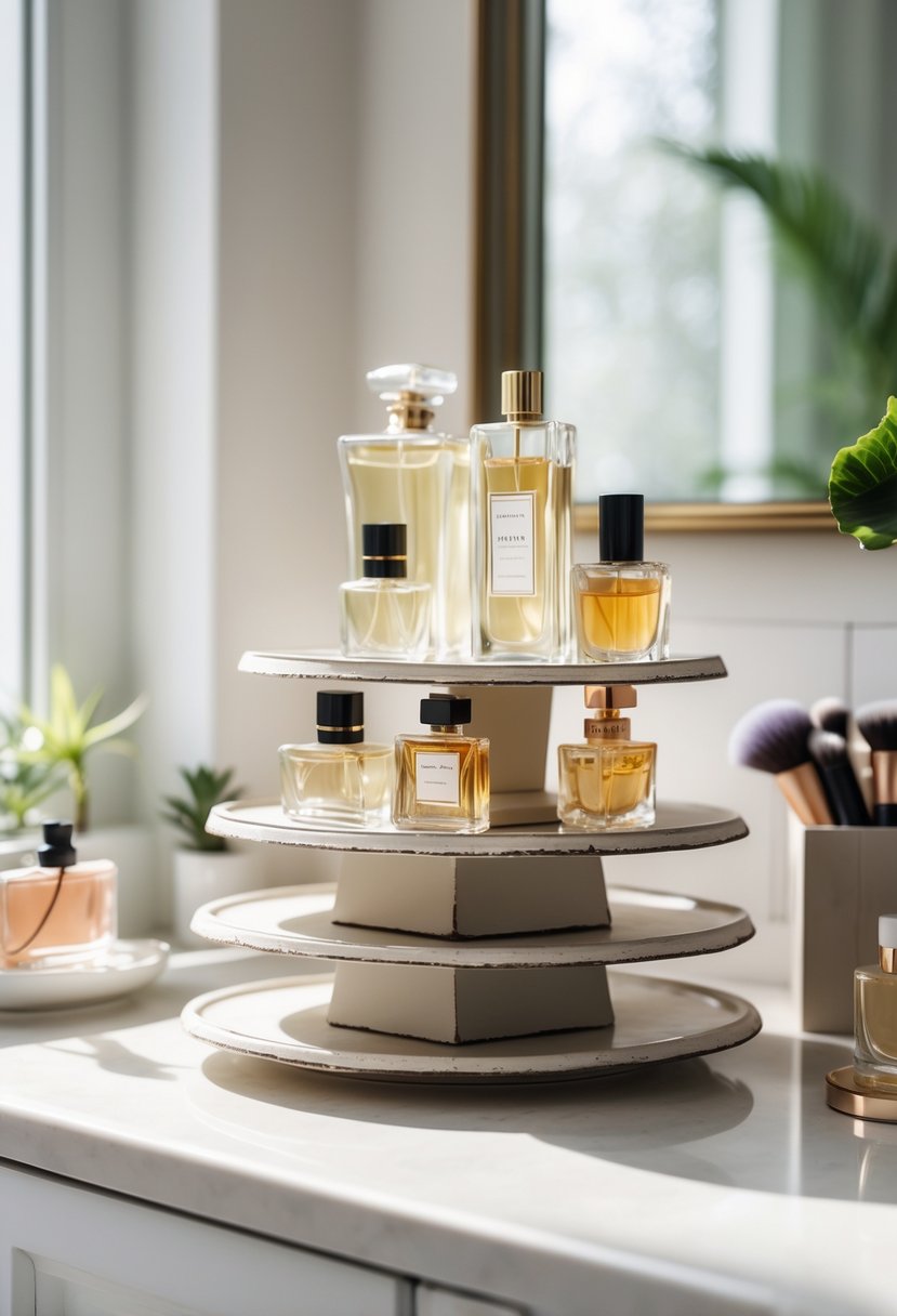 A vanity countertop with old cake platters used to organize various perfume bottles neatly arranged.