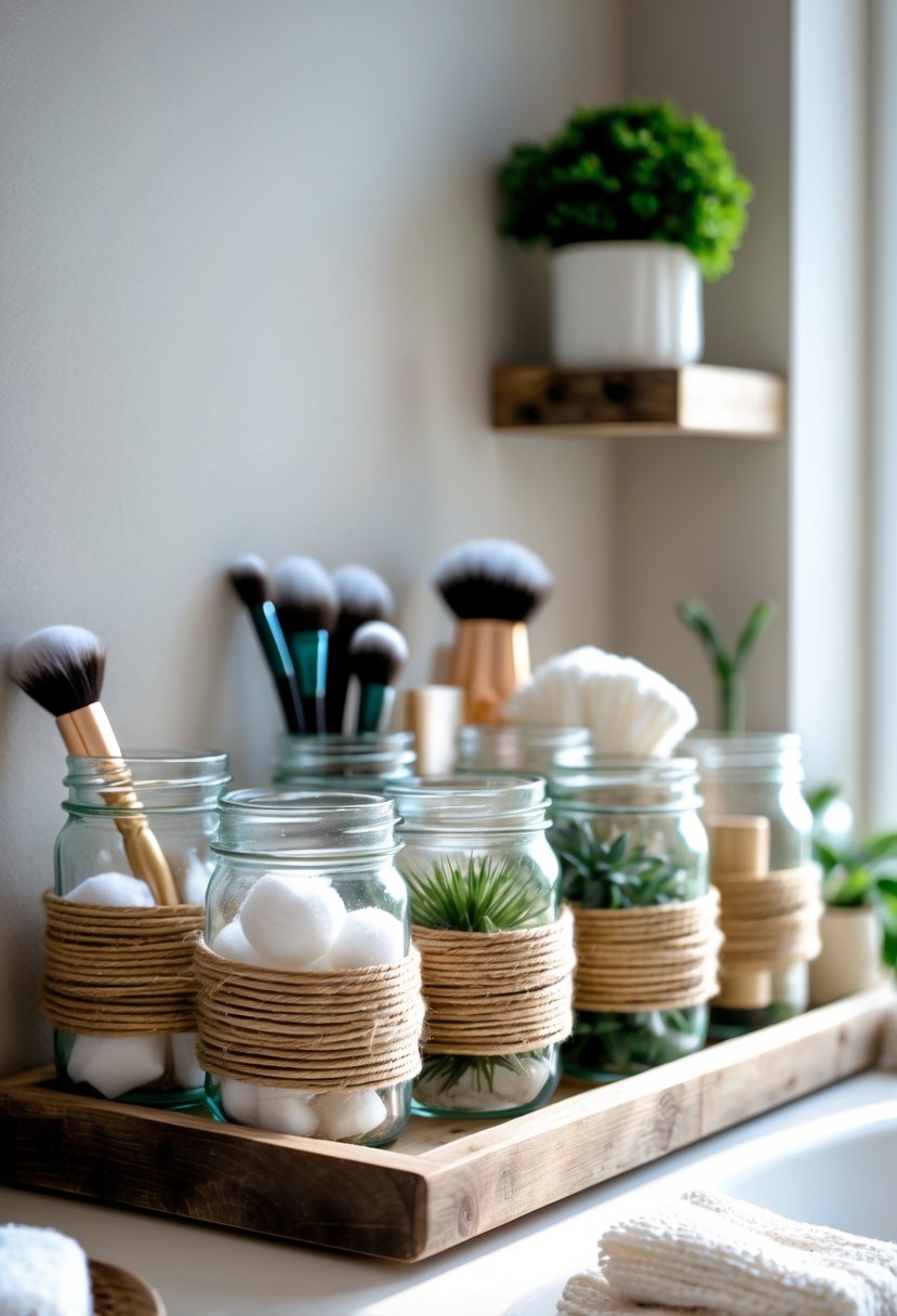 A rustic bathroom organizer made of twine-wrapped glass jars holding bathroom essentials on a wooden shelf.