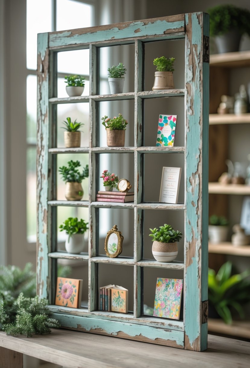 A rustic wooden window pane frame repurposed as a decorative display filled with small plants, vintage items, and art pieces on a shelf in a cozy room.