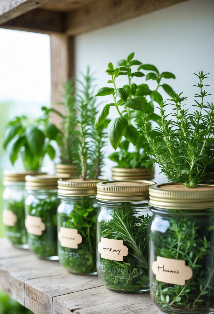 A collection of glass jars filled with fresh herbs arranged on a wooden shelf, each jar topped with a labeled lid.