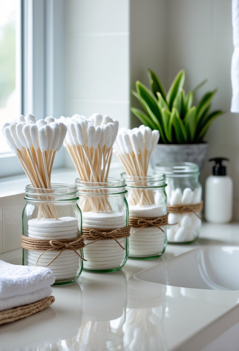Mason jars used to store cotton pads and cotton swabs on a bathroom countertop with a towel and plant nearby.