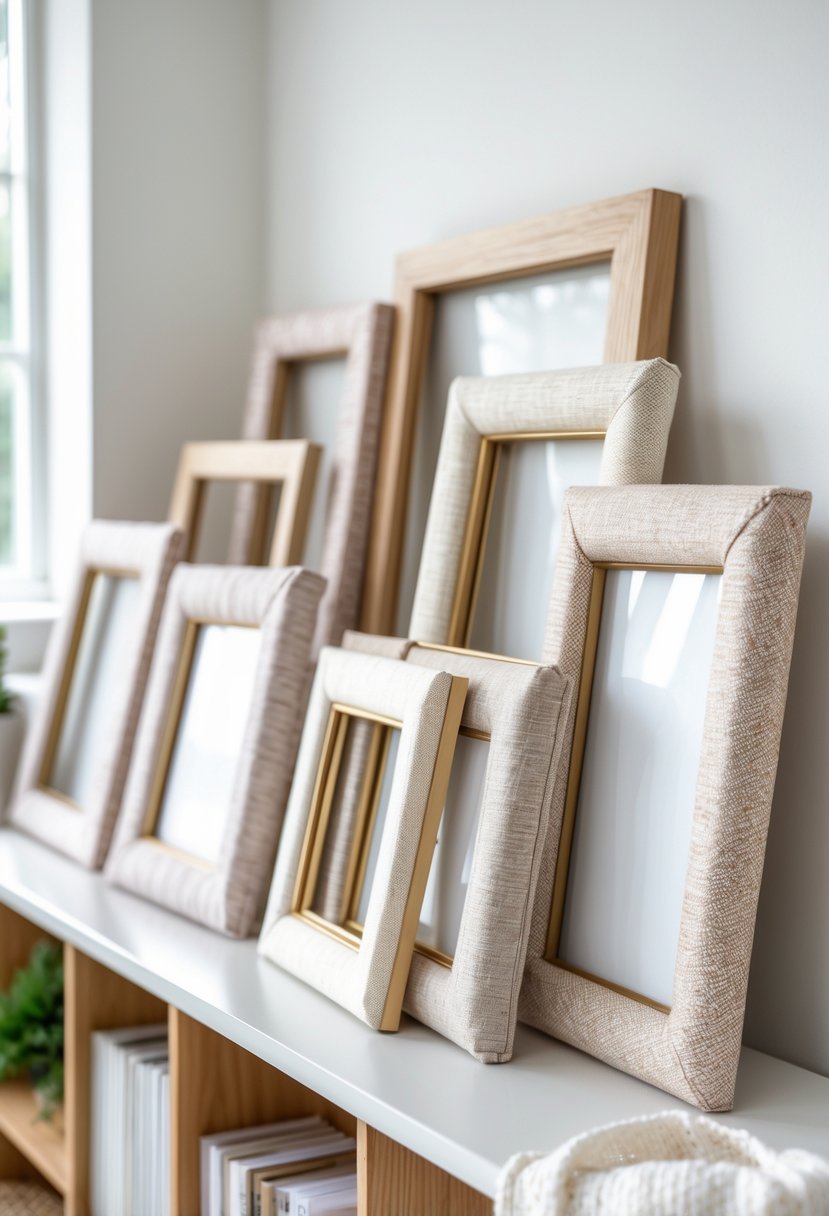 A display of 15 fabric-covered decorative picture frames arranged on a wooden shelf and against a white wall.
