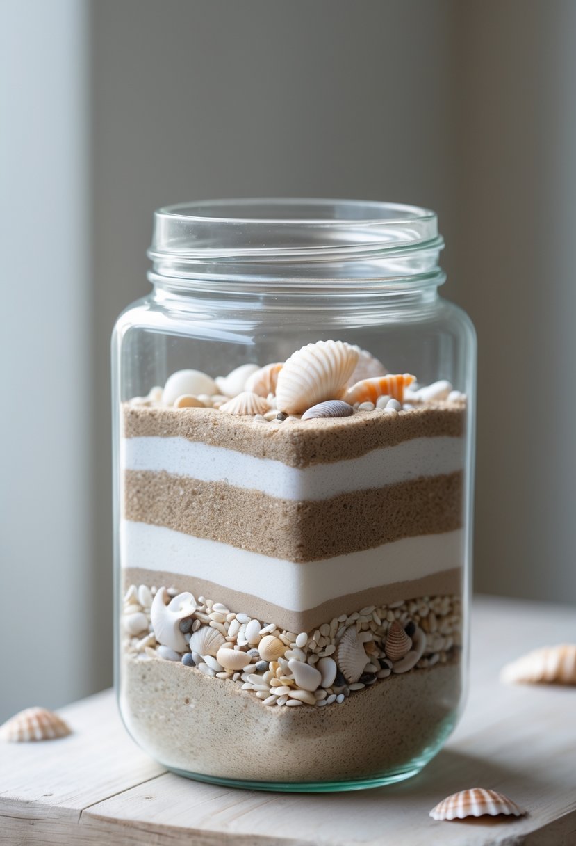 A clear glass jar filled with layered sand and small seashells sitting on a wooden surface.